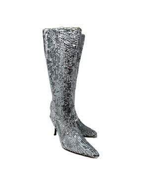 NWOB Colin Stuart Metallic Silver Sequin Pointy Toe Boots Women's Sz 7 Side Zip